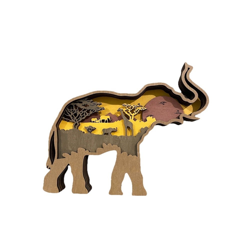 African Plains Safari Elephant Wooden 3D Shadow Box Diorama